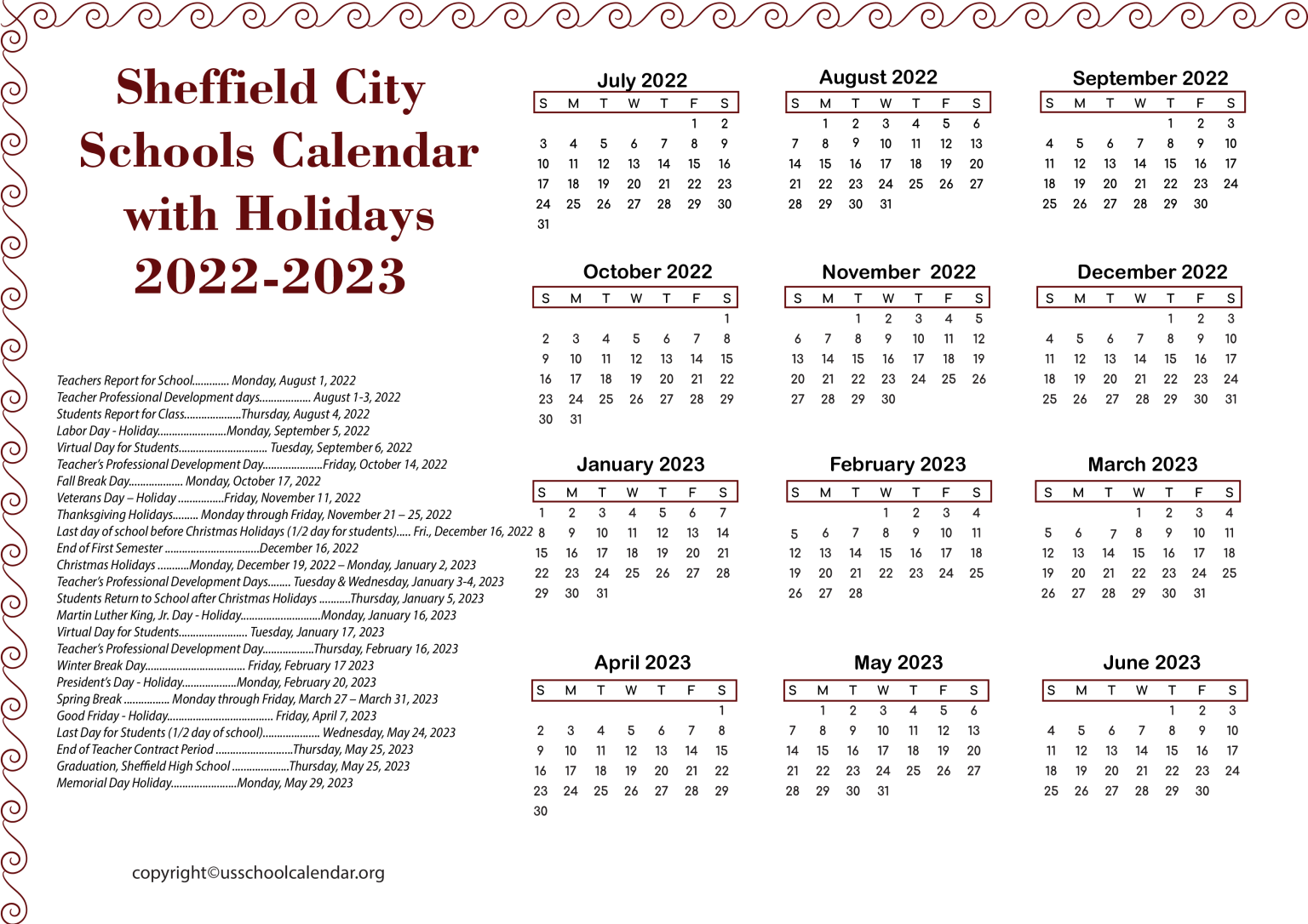 Sheffield City Schools Calendar With Holidays 2022 2023 2 1536x1086 