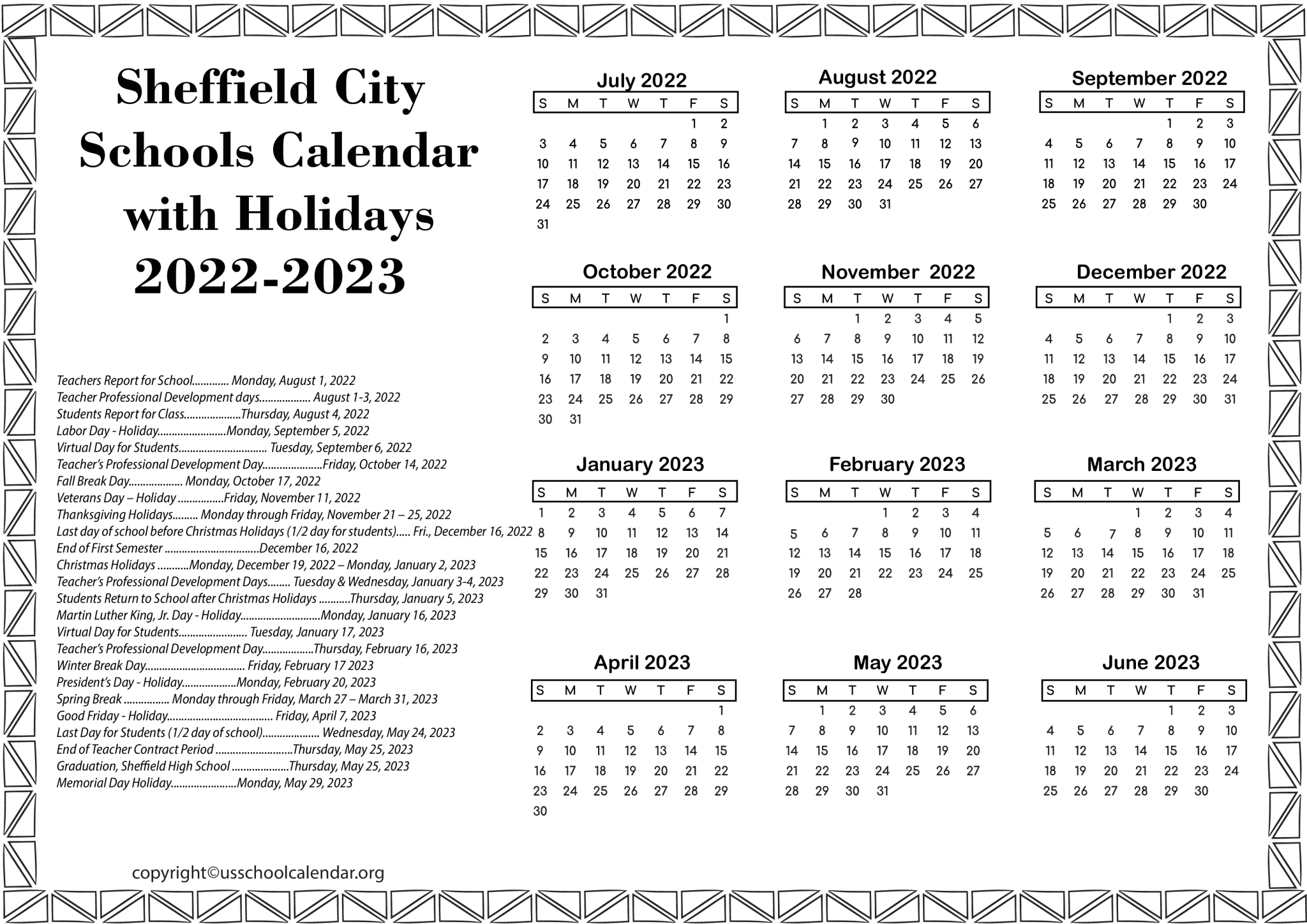 [SCS] Sheffield City Schools Calendar with Holidays 2023