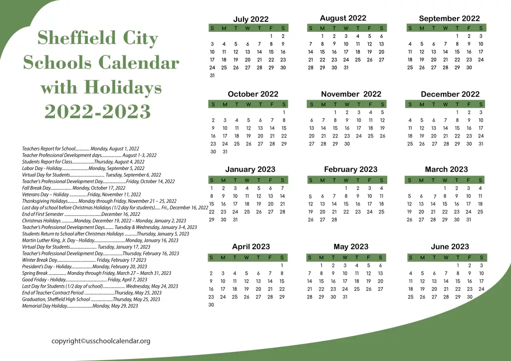 Sheffield City Schools Calendar with Holidays 2022-2023 3