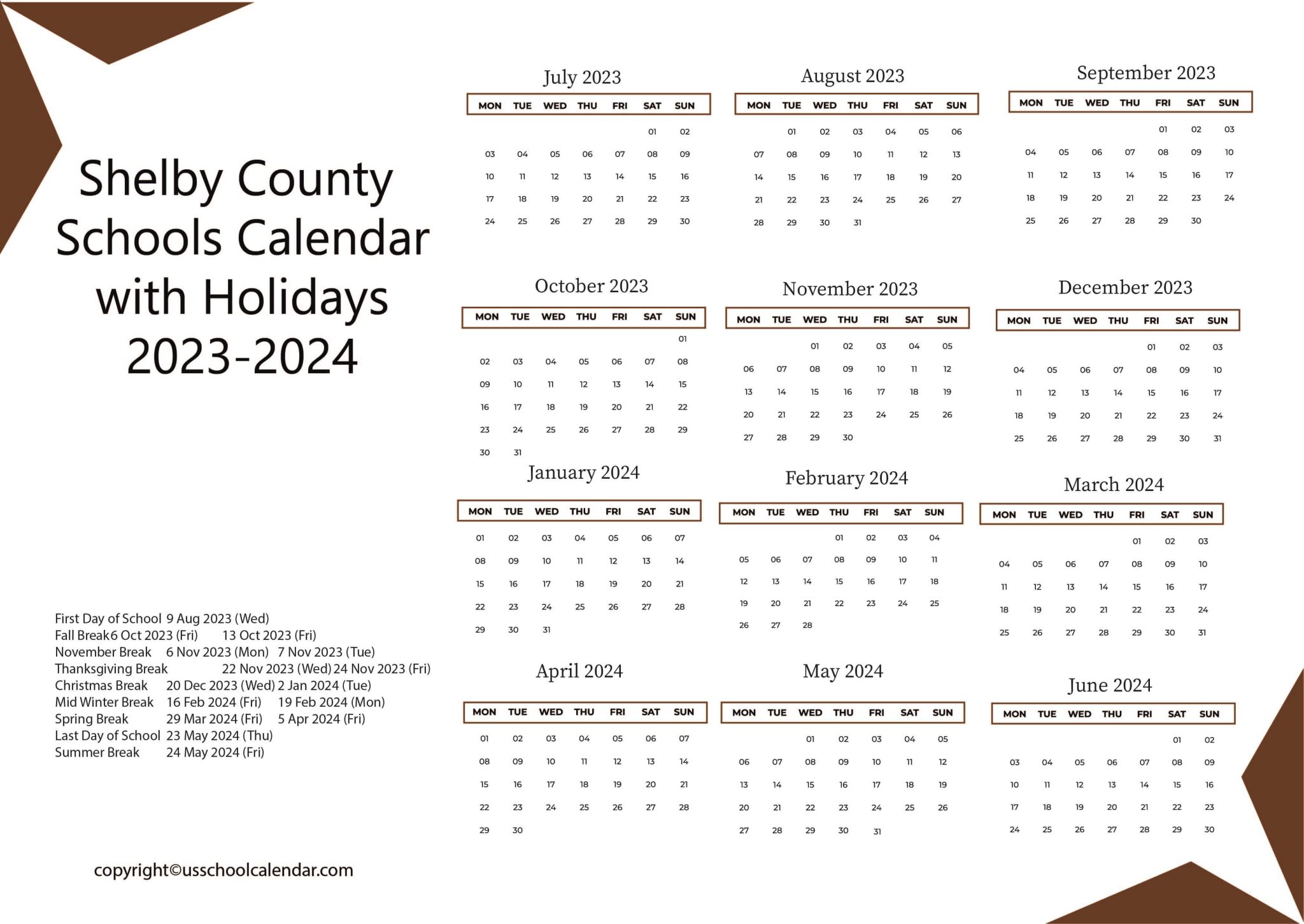 Shelby County Schools Calendar with Holidays 2023 2024