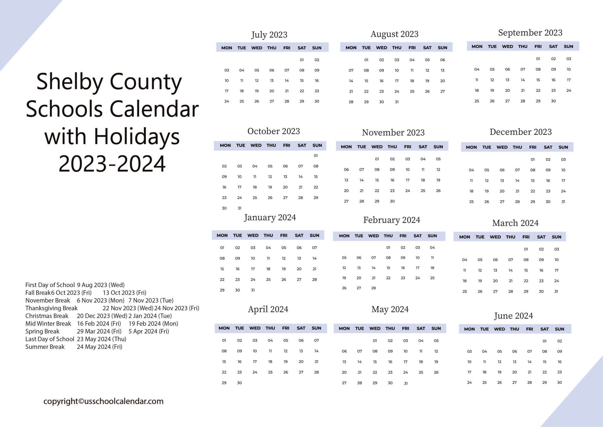 Shelby County Schools Calendar with Holidays 20232024