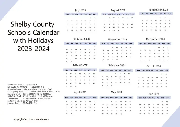 Shelby County Schools Calendar with Holidays 20232024