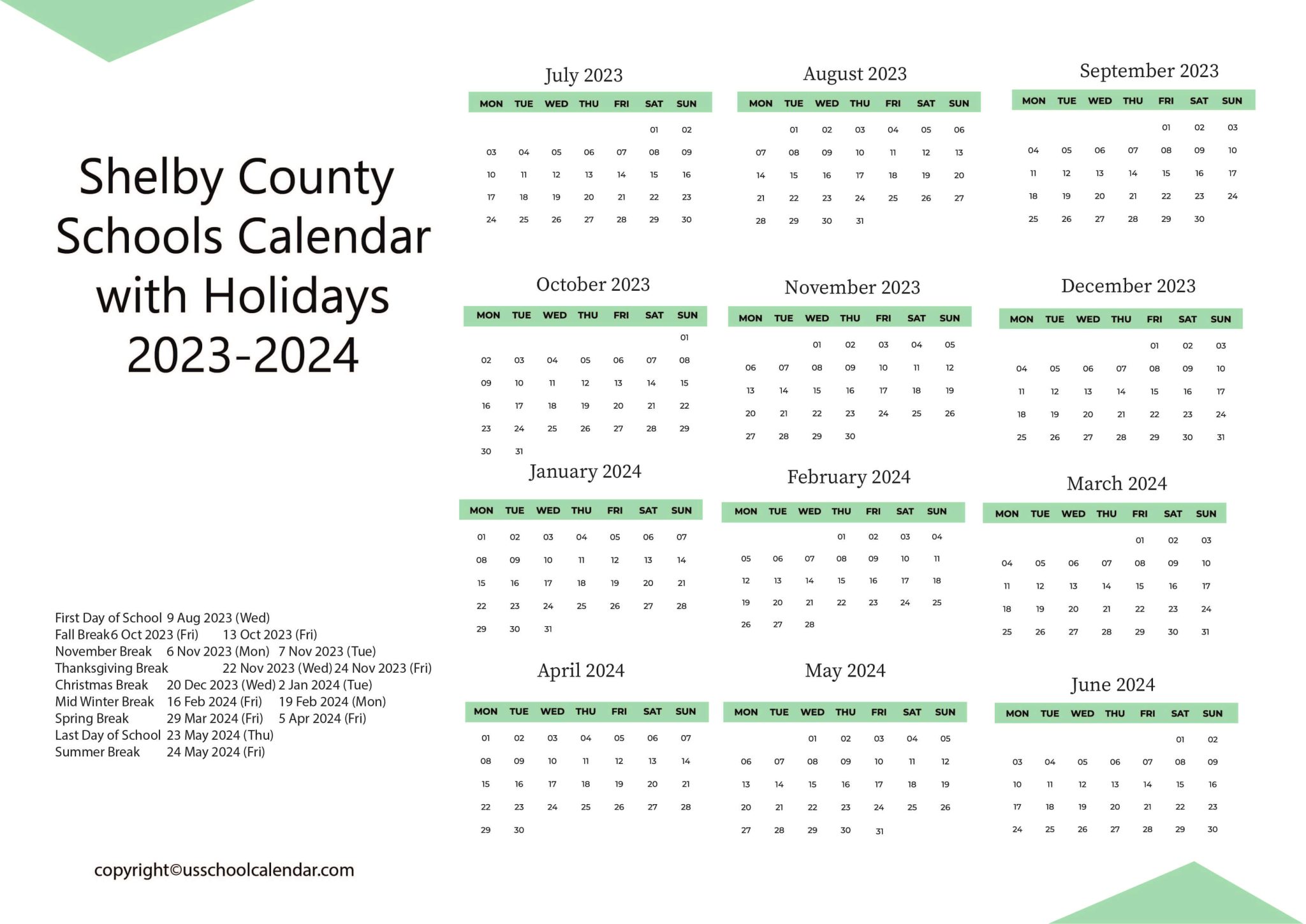 Shelby County Schools Calendar with Holidays 2023-2024