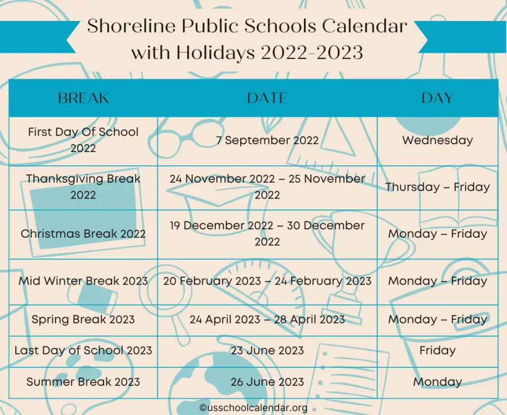 Shoreline Public Schools Calendar with Holidays 2022-2023
