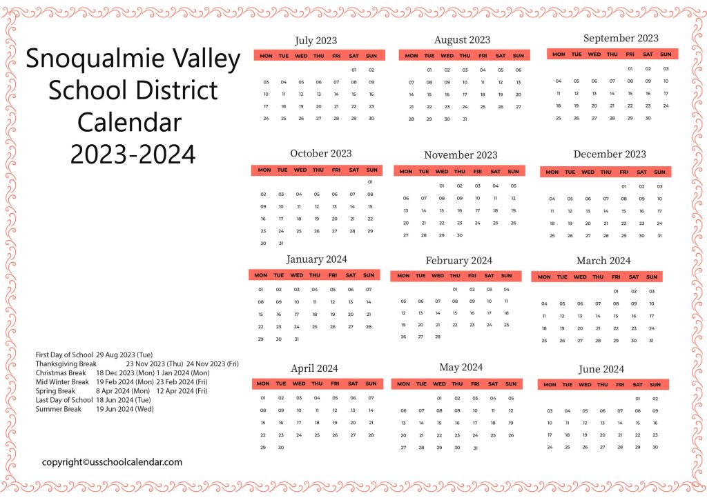 Snoqualmie Valley School District Academic Calendar