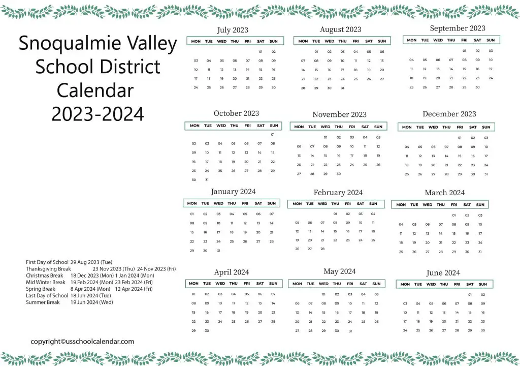 Snoqualmie Valley School District Calendar