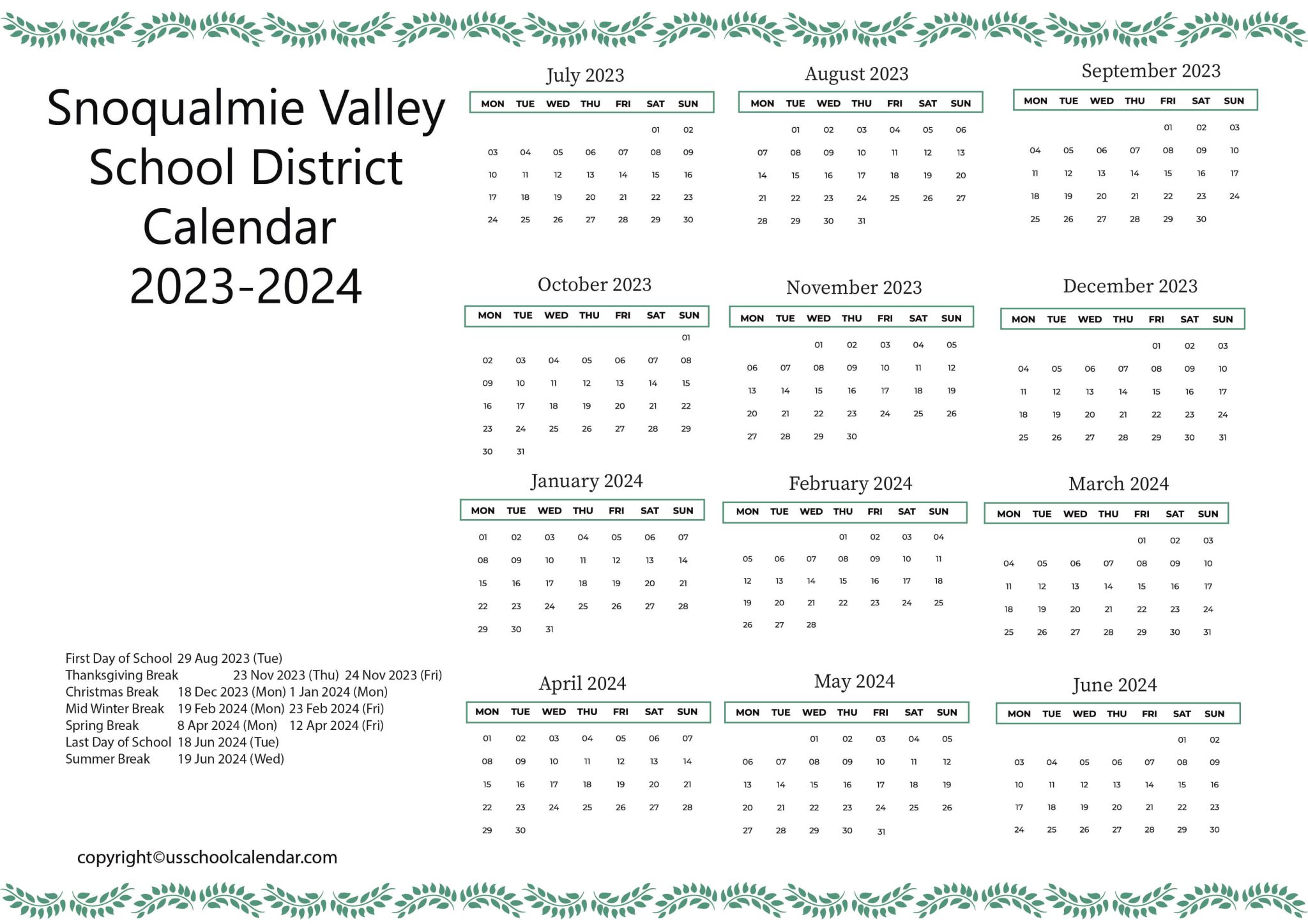 Snoqualmie Valley School District Calendar 20232024