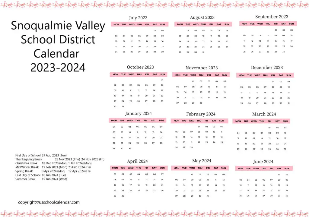 Snoqualmie Valley School District Holiday Calendar