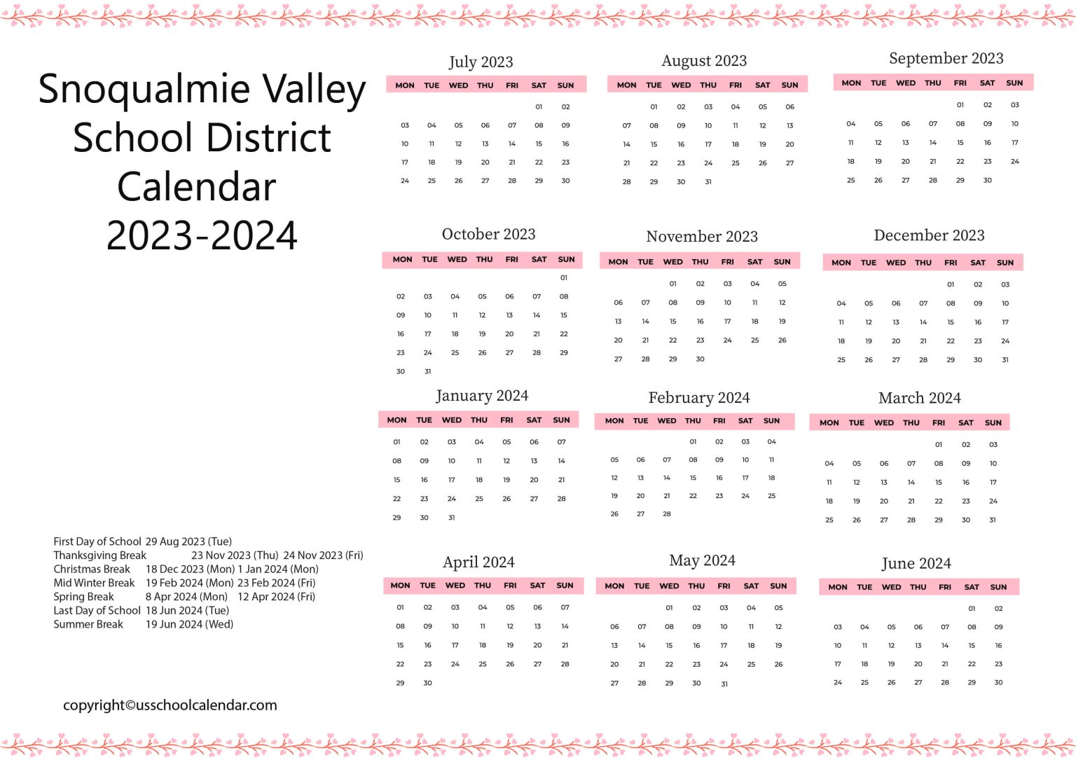 Snoqualmie Valley School District Calendar 20232024