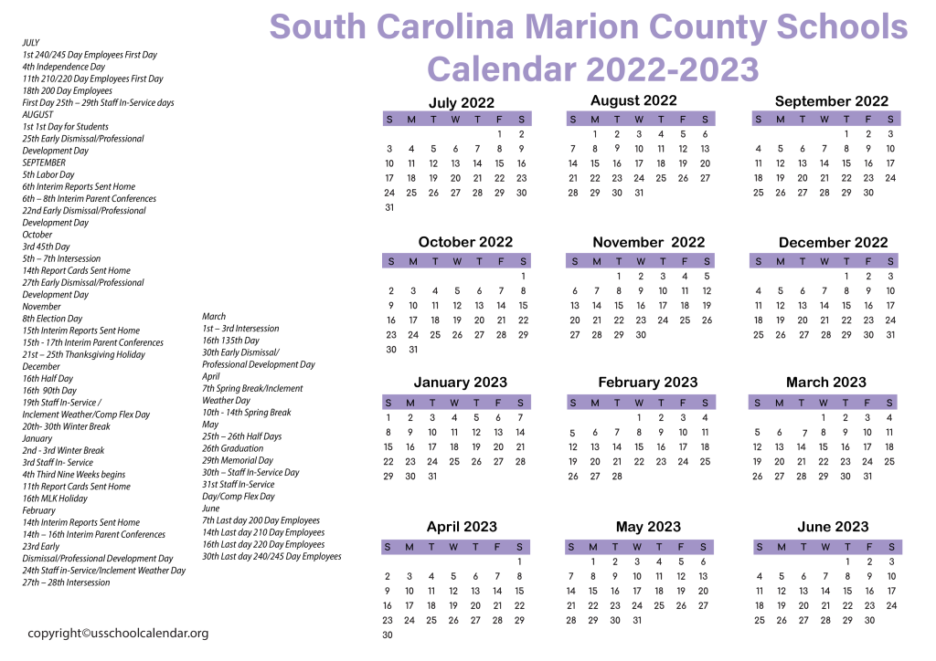 South Carolina Marion County Schools Calendar 2022-2023