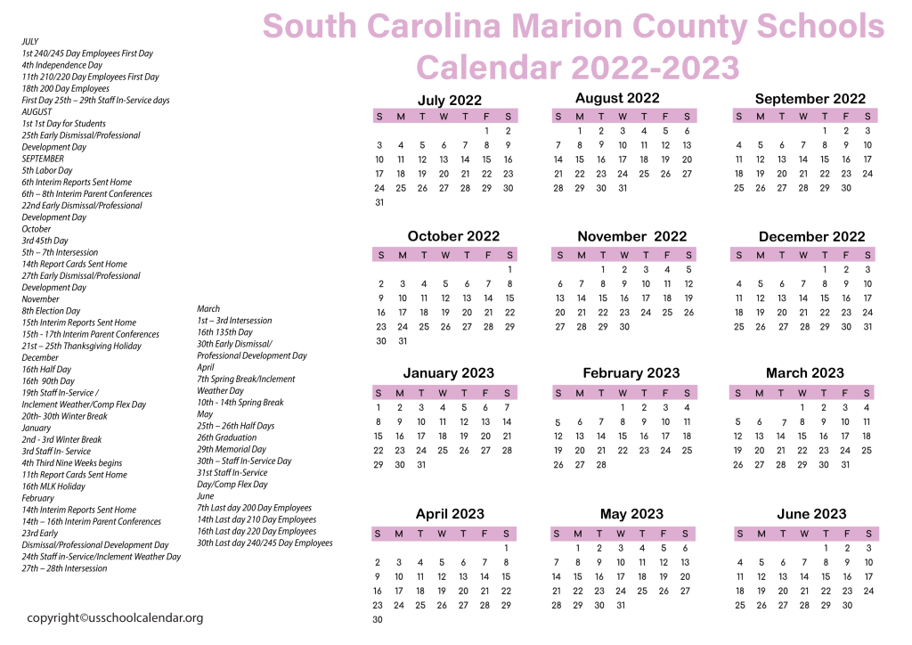 South Carolina Marion County Schools Calendar 2022-2023 2