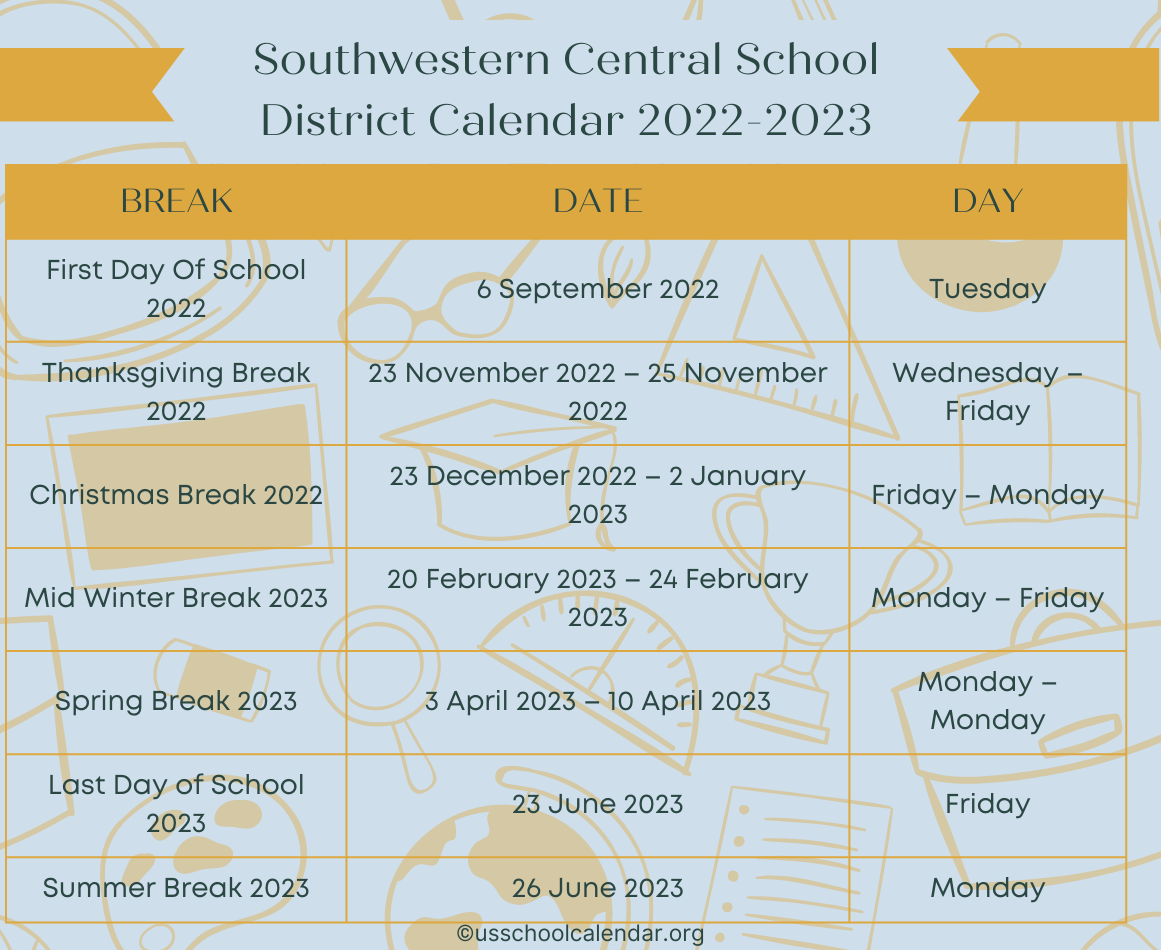 SWCSK Southwestern Central School District Calendar 2022 23