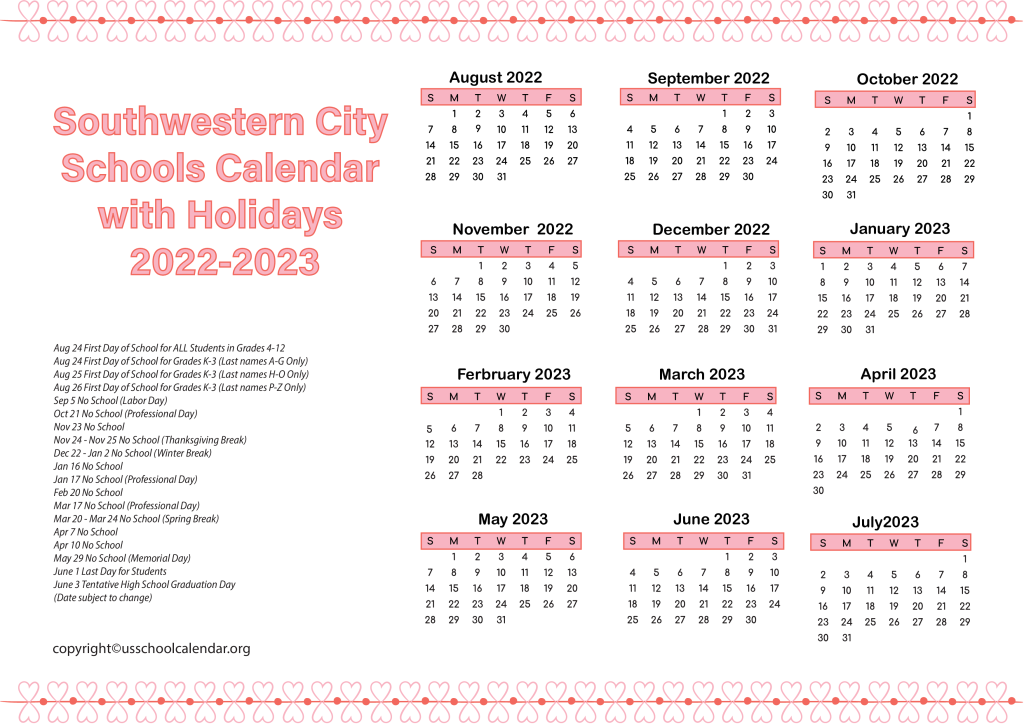 Southwestern City Schools Calendar 2022 US School Calendar