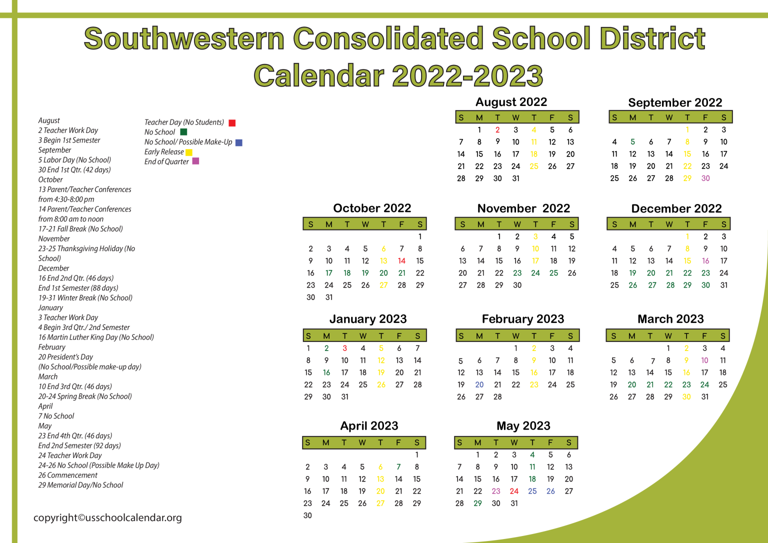 Southwestern Consolidated School District Calendar 2023 US School