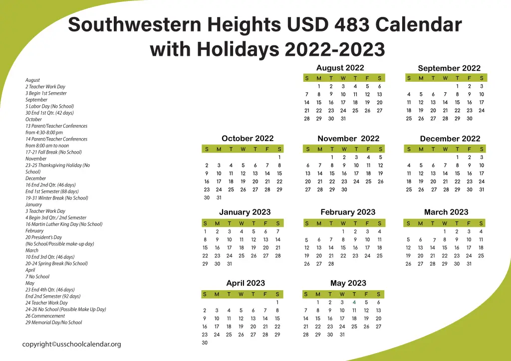 Southwestern Heights USD 483 Calendar with Holidays 2022-2023