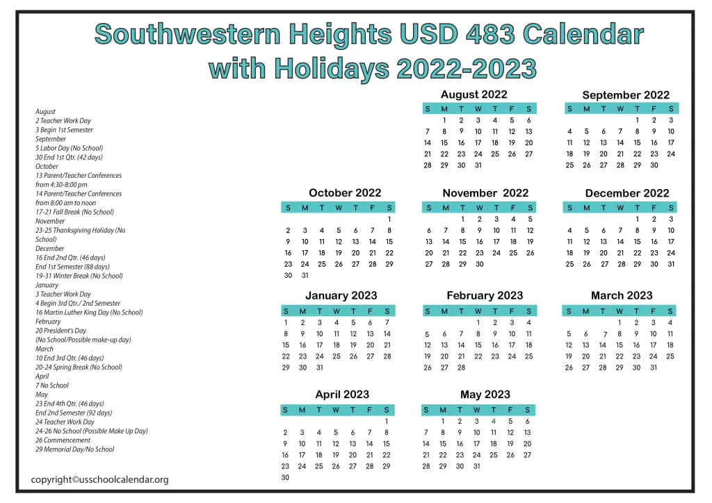 Southwestern Heights USD 483 Calendar with Holidays 2022-2023 2