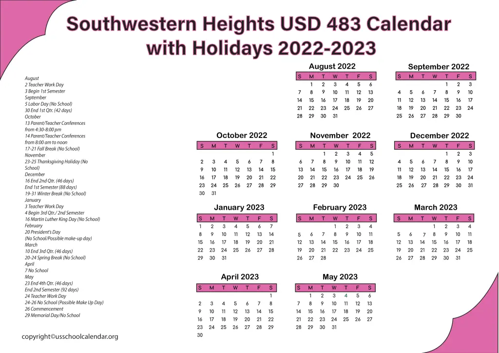 Southwestern Heights USD 483 Calendar with Holidays 2022-2023 3