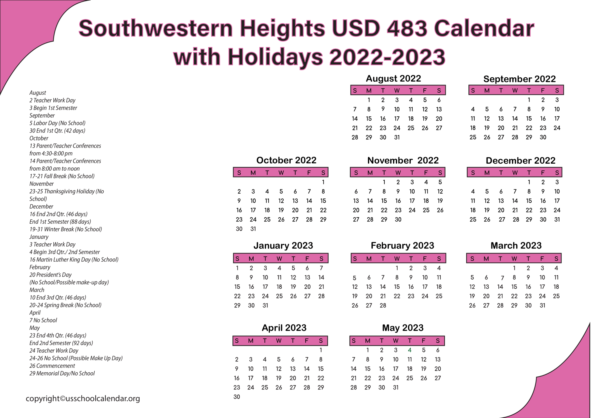 Southwestern Heights USD 483 Calendar with Holidays 20222023