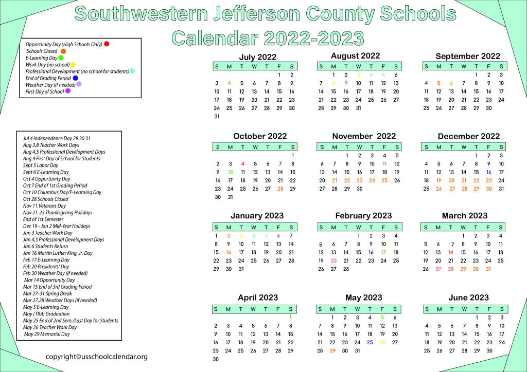 Southwestern Jefferson County Schools Calendar 2022-2023