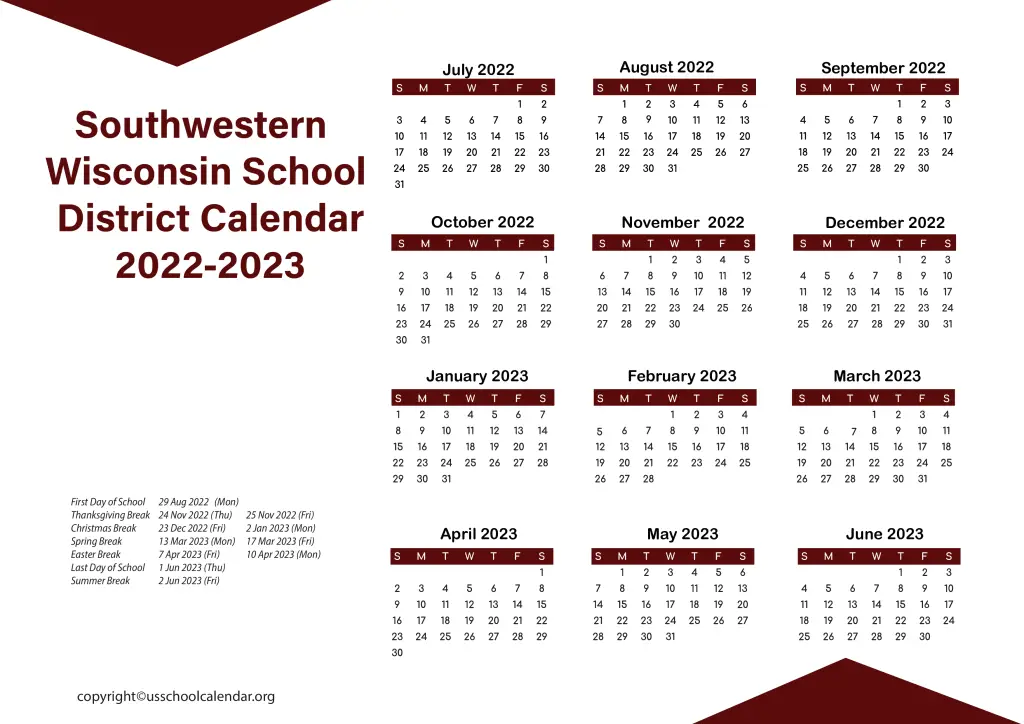Southwestern Wisconsin School District Calendar 2022-2023