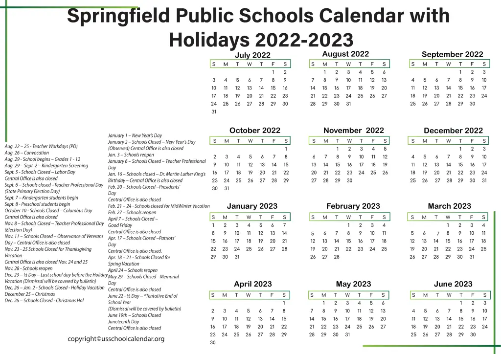 Springfield Public Schools Calendar with Holidays 2022-2023 2