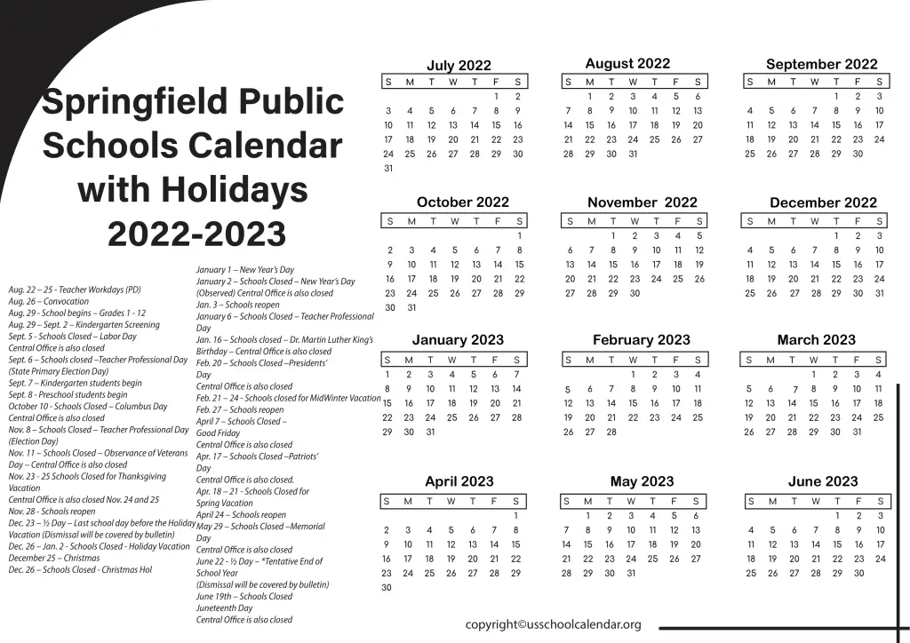 Springfield Public Schools Calendar with Holidays 2022-2023 3