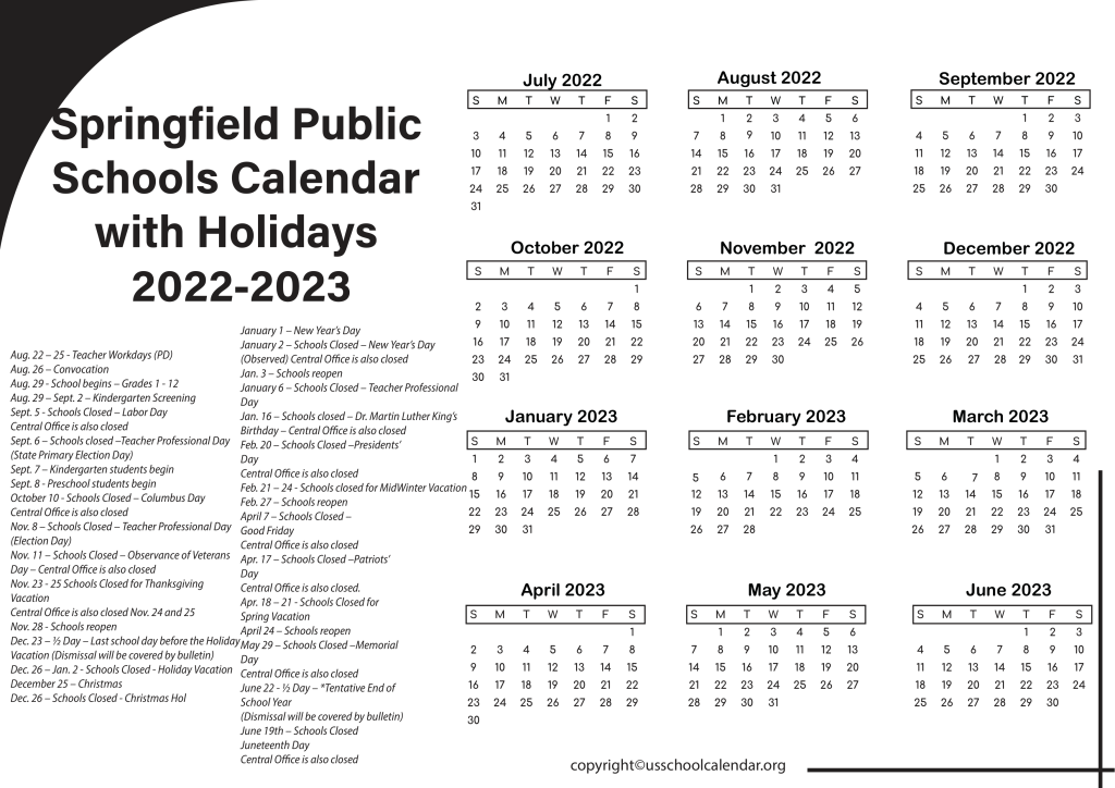 Springfield Public Schools Calendar With Holidays 2022 2023