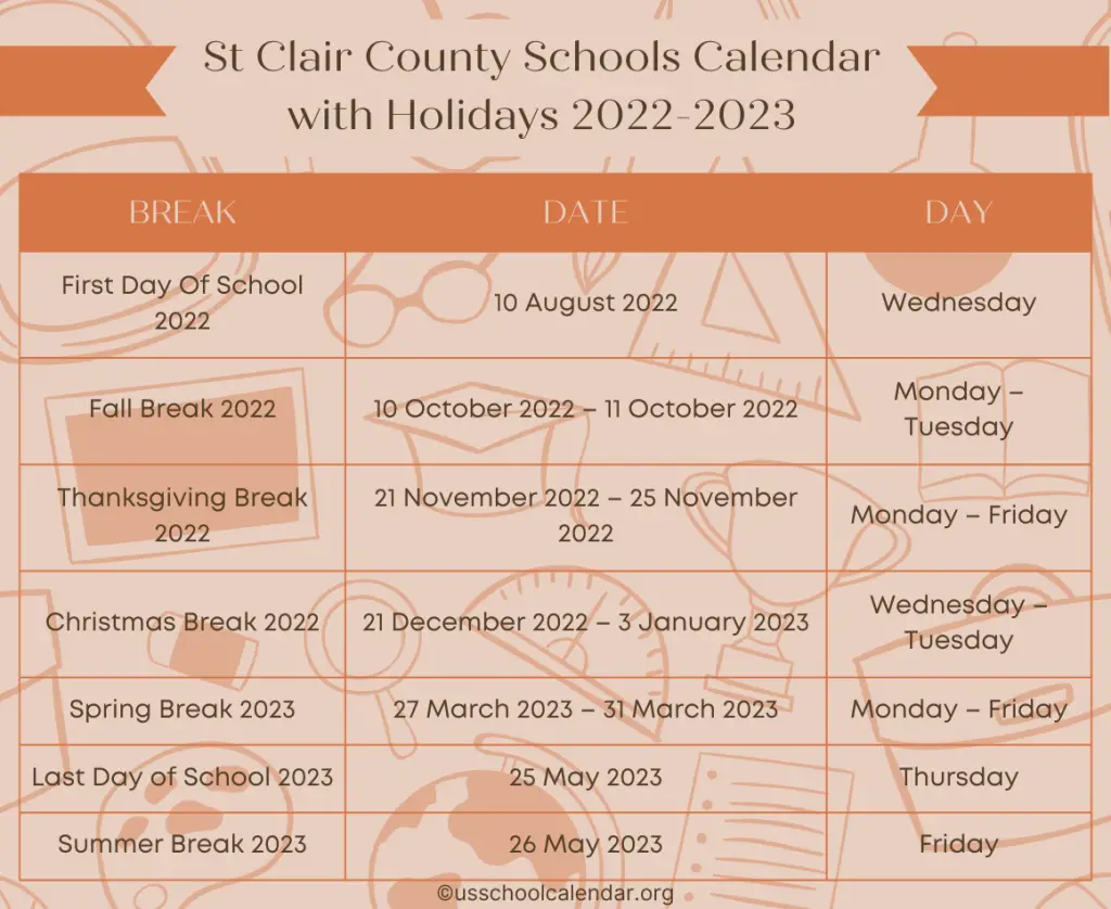 St Clair County Schools Calendar with Holidays 2022-2023