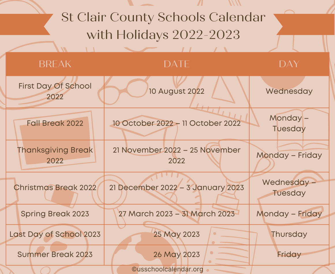 St Clair County Schools Calendar with Holidays 20222023