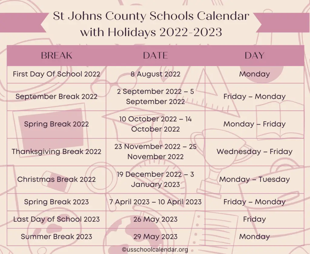 St Johns County Schools Calendar with Holidays 2022-2023