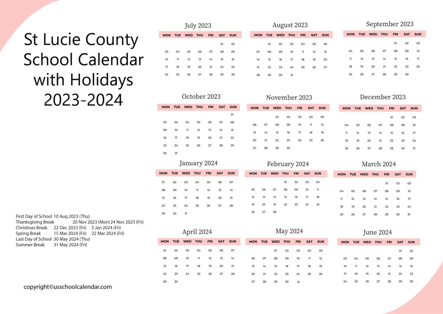 St Lucie County School Calendar with Holidays 20232024