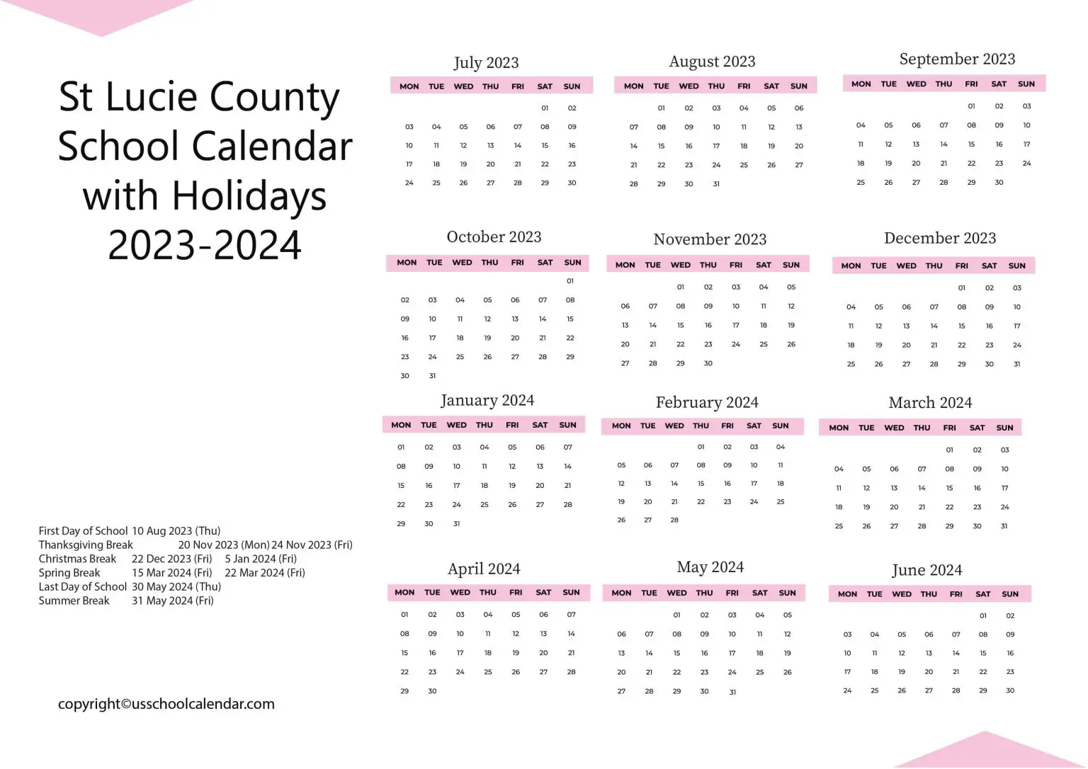 St Lucie County School Calendar with Holidays 20232024