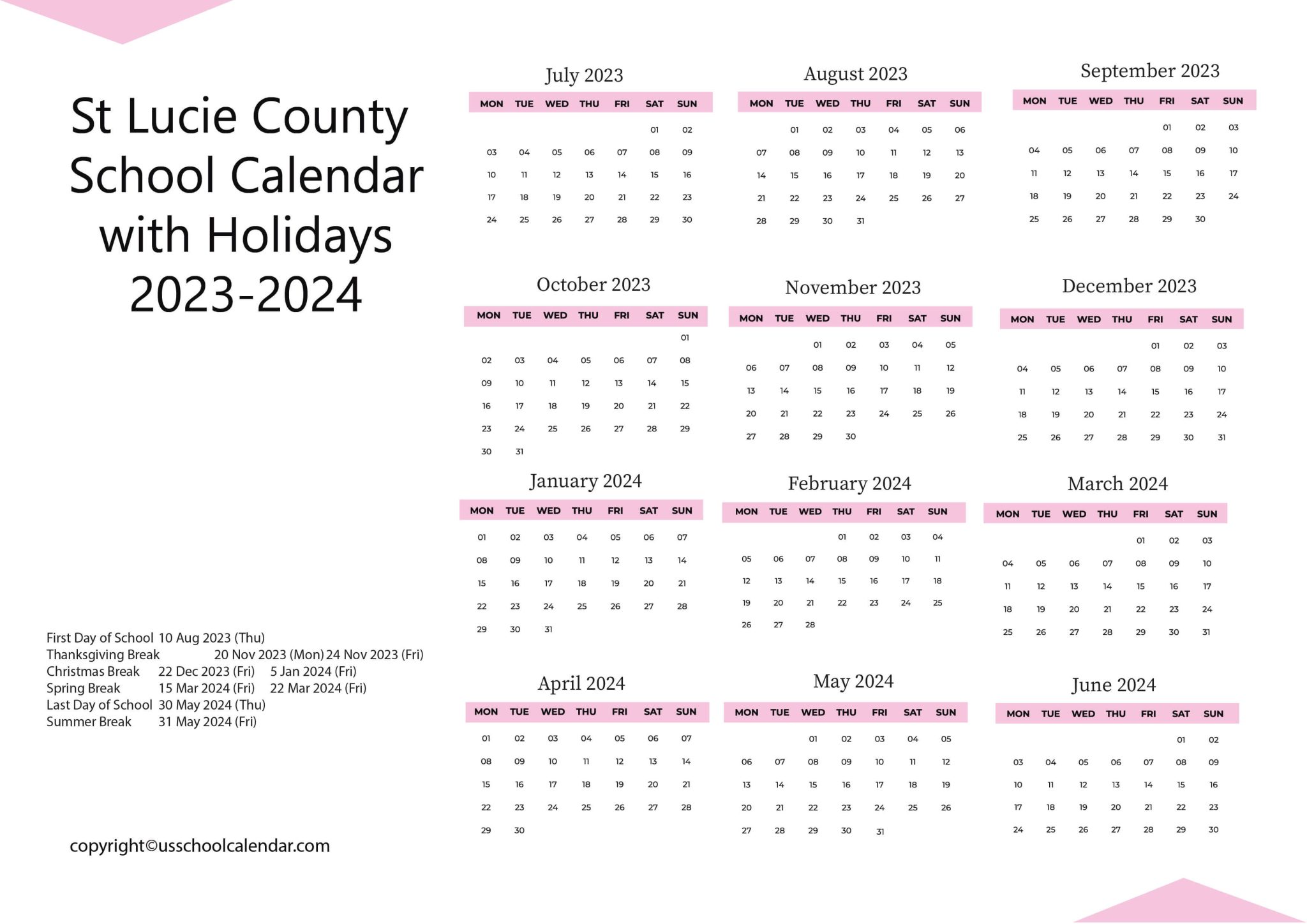 St Lucie County School Calendar with Holidays 20232024