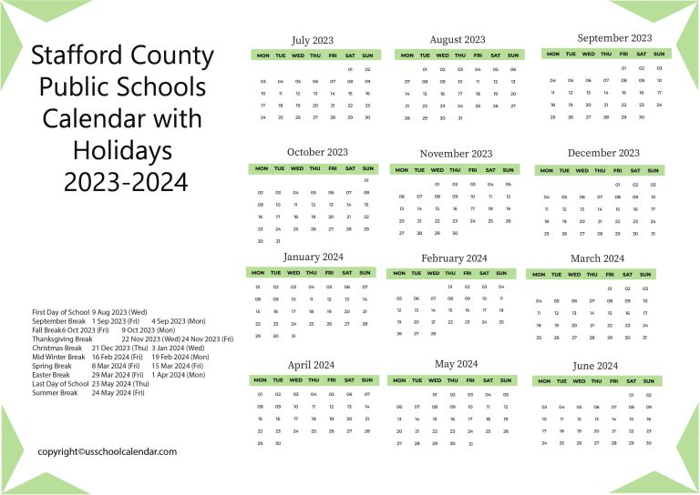 Stafford County Public Schools Calendar with Holidays 2023 2024