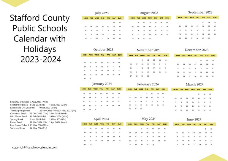 Stafford County Public Schools Calendar with Holidays 2023 2024