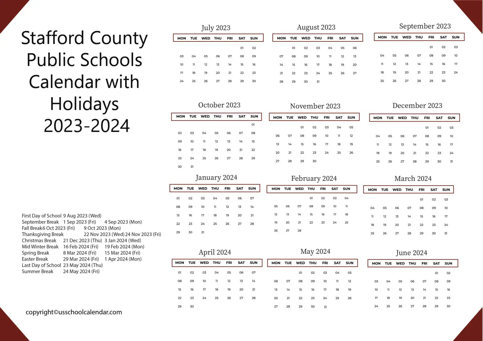 Stafford County Public Schools Calendar with Holidays 20232024