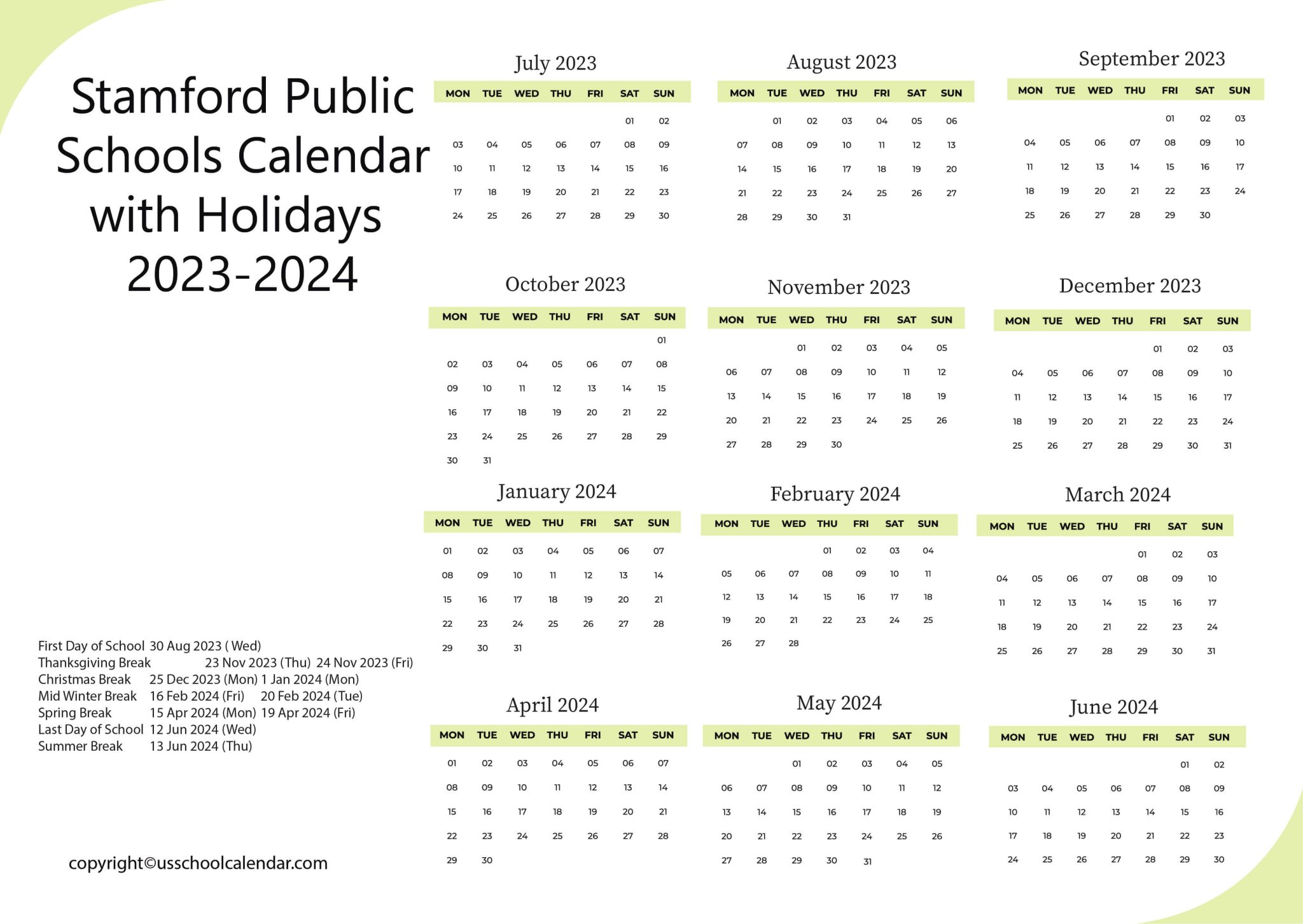 Stamford Public Schools Calendar with Holidays 20232024