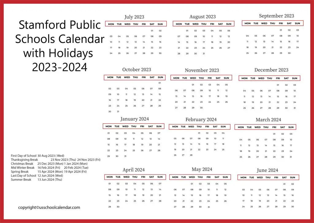 Stamford Public Schools Holiday Calendar