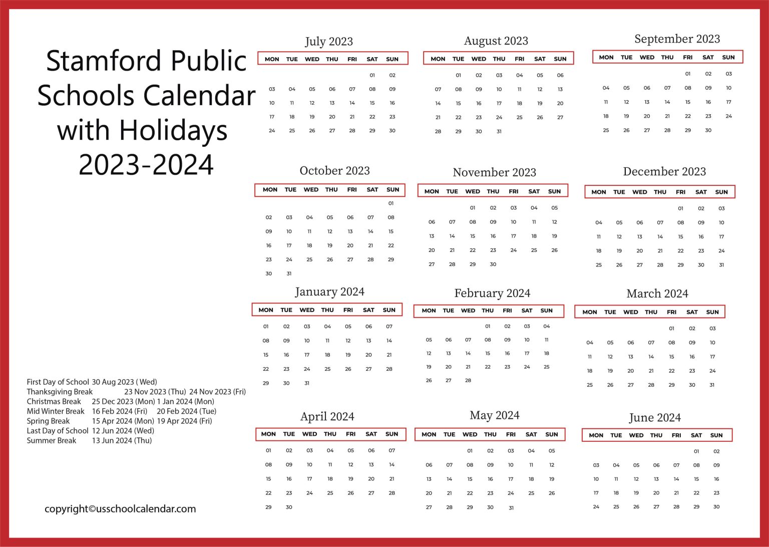 Stamford Public Schools Calendar with Holidays 20232024