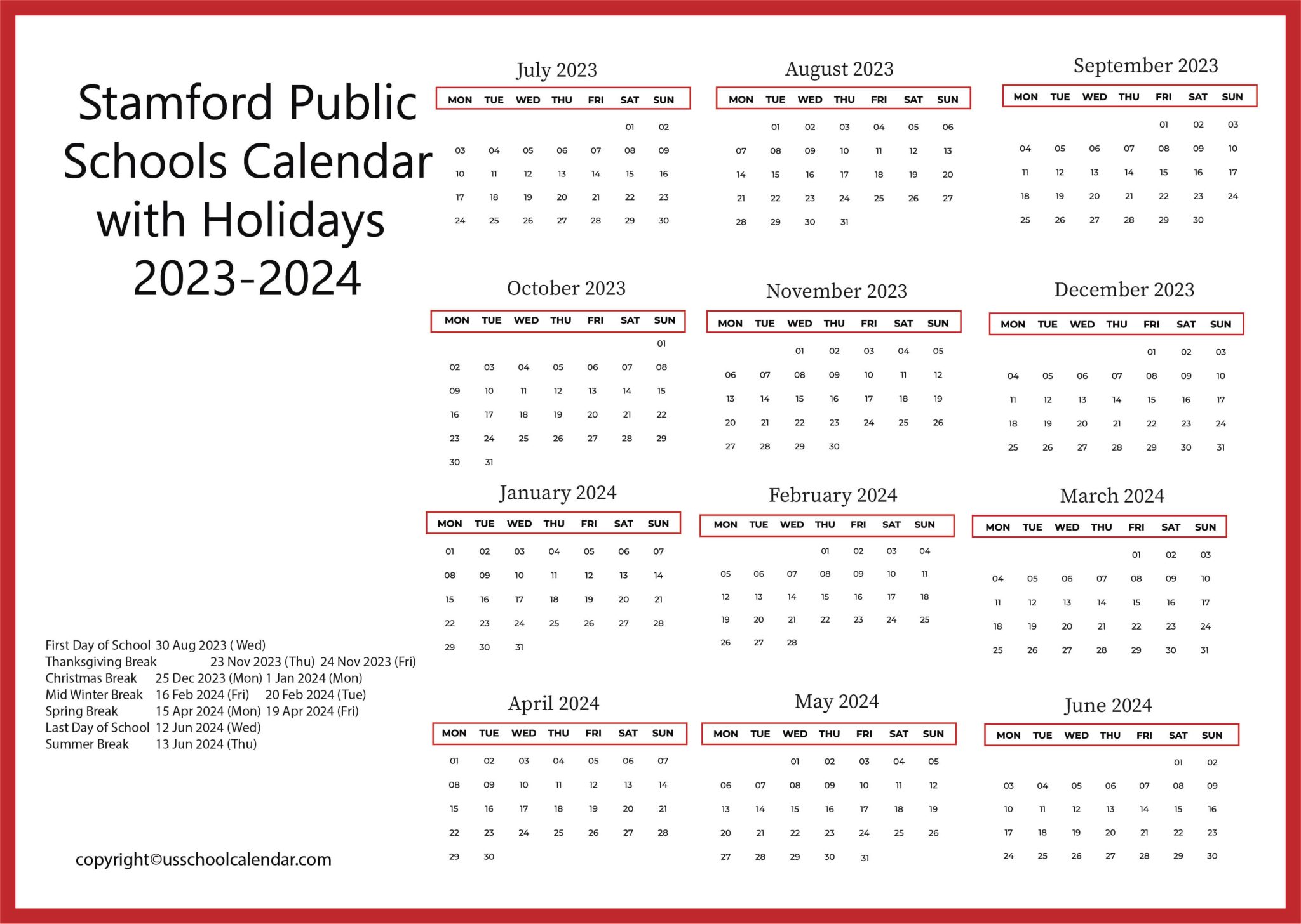 Stamford Public Schools Calendar with Holidays 2023 2024