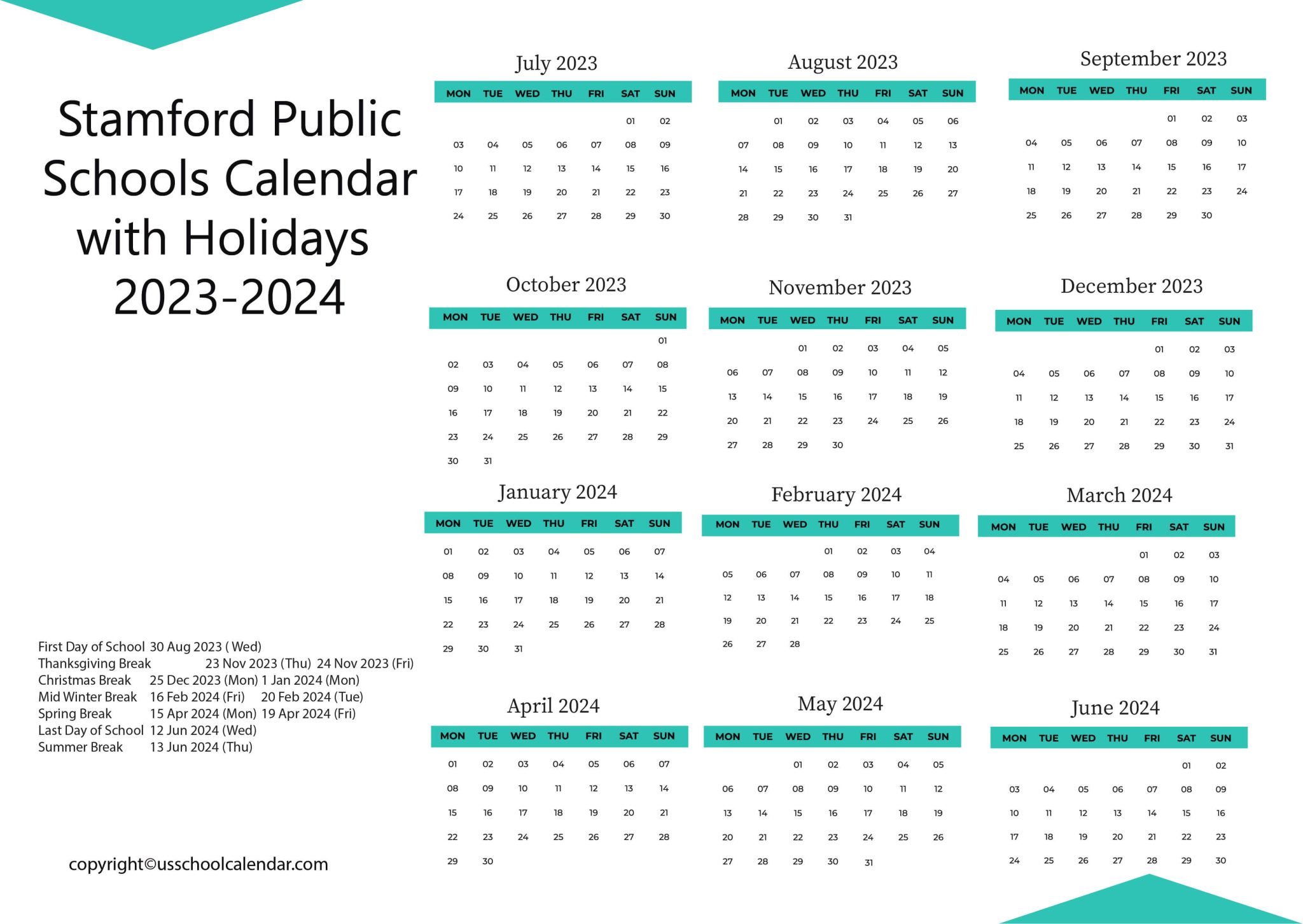 Stamford Public Schools Calendar with Holidays 20232024