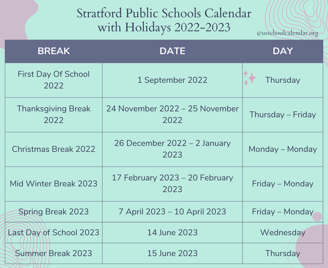 Stratford Public Schools Calendar with Holidays 20222023
