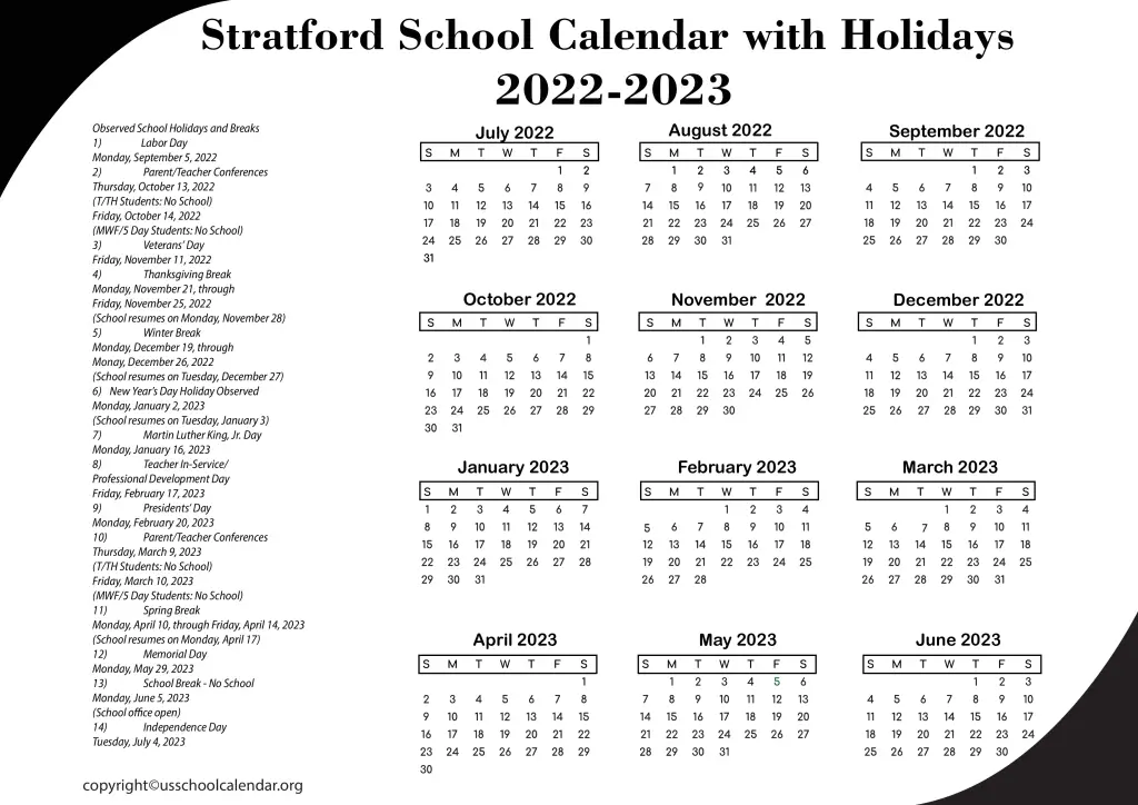 Stratford School Calendar with Holidays 2022-2023