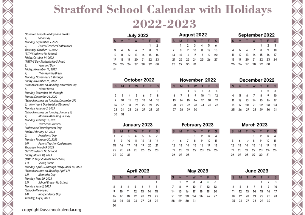 Stratford School Calendar with Holidays 2022-2023 2