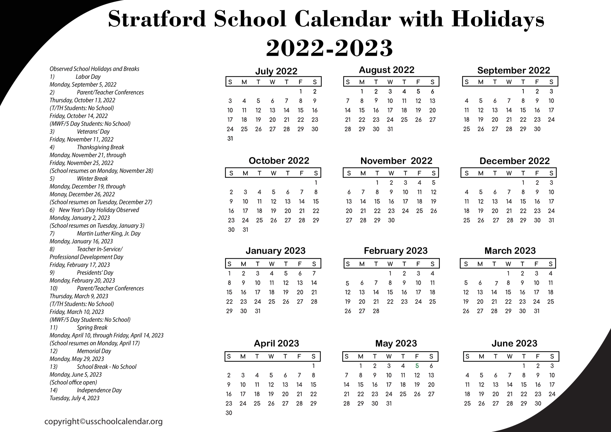 Stratford School Holiday Calendar US School Calendar