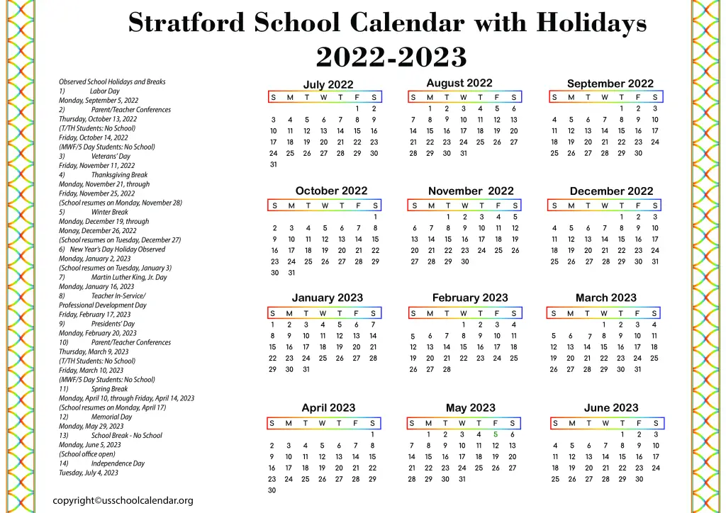 Stratford School Holidays US School Calendar