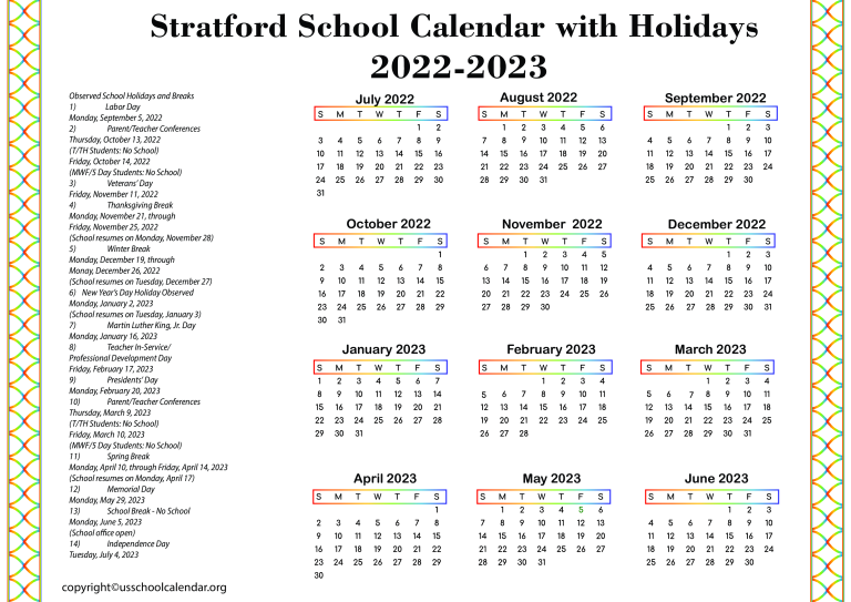 Stratford School Holidays US School Calendar