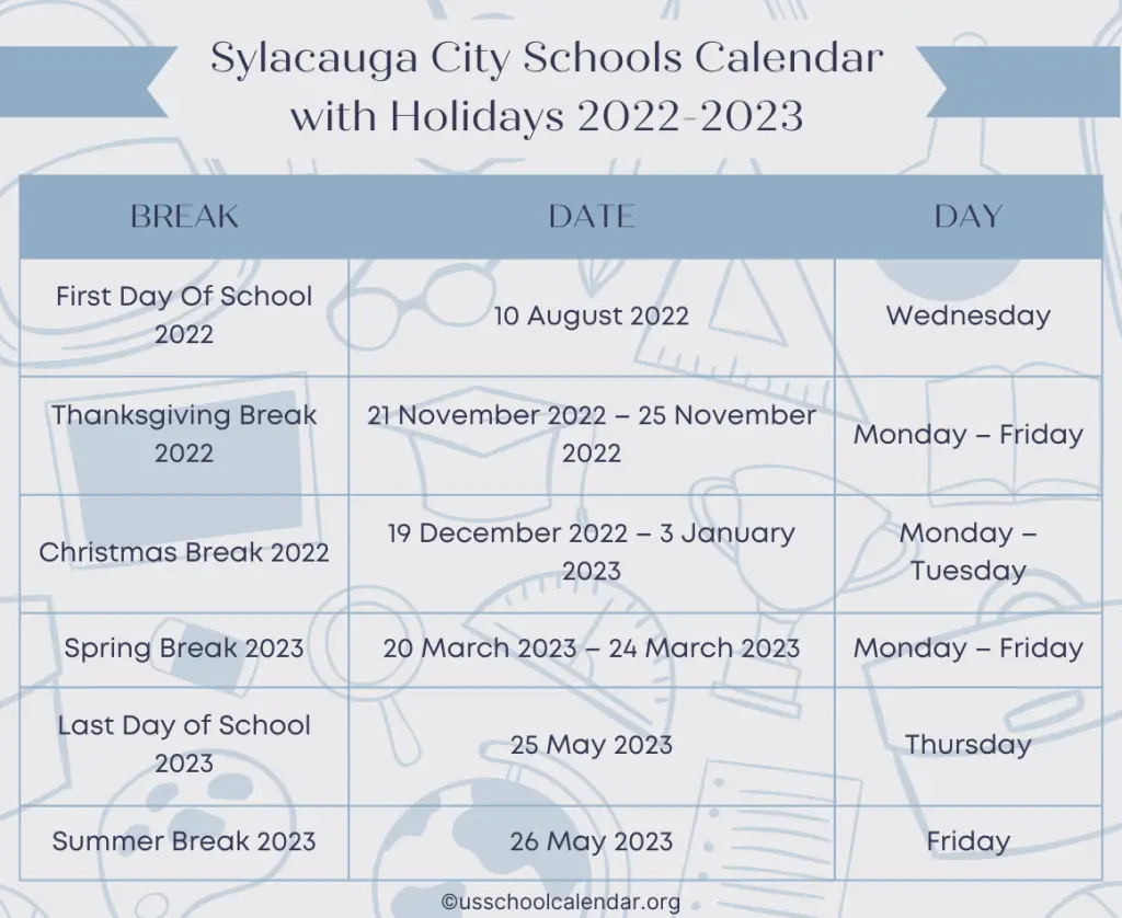 Sylacauga City Schools Calendar with Holidays 2022-2023