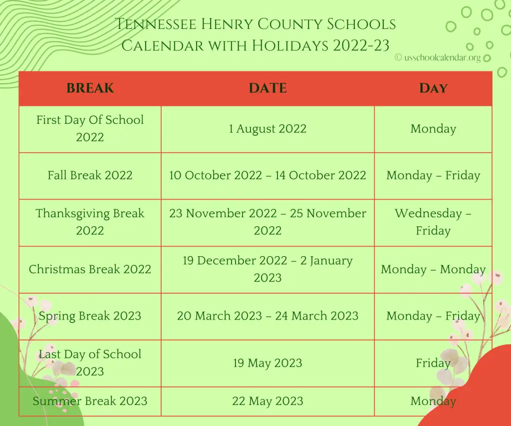 Tennessee Henry County Schools Calendar with Holidays 2022-23