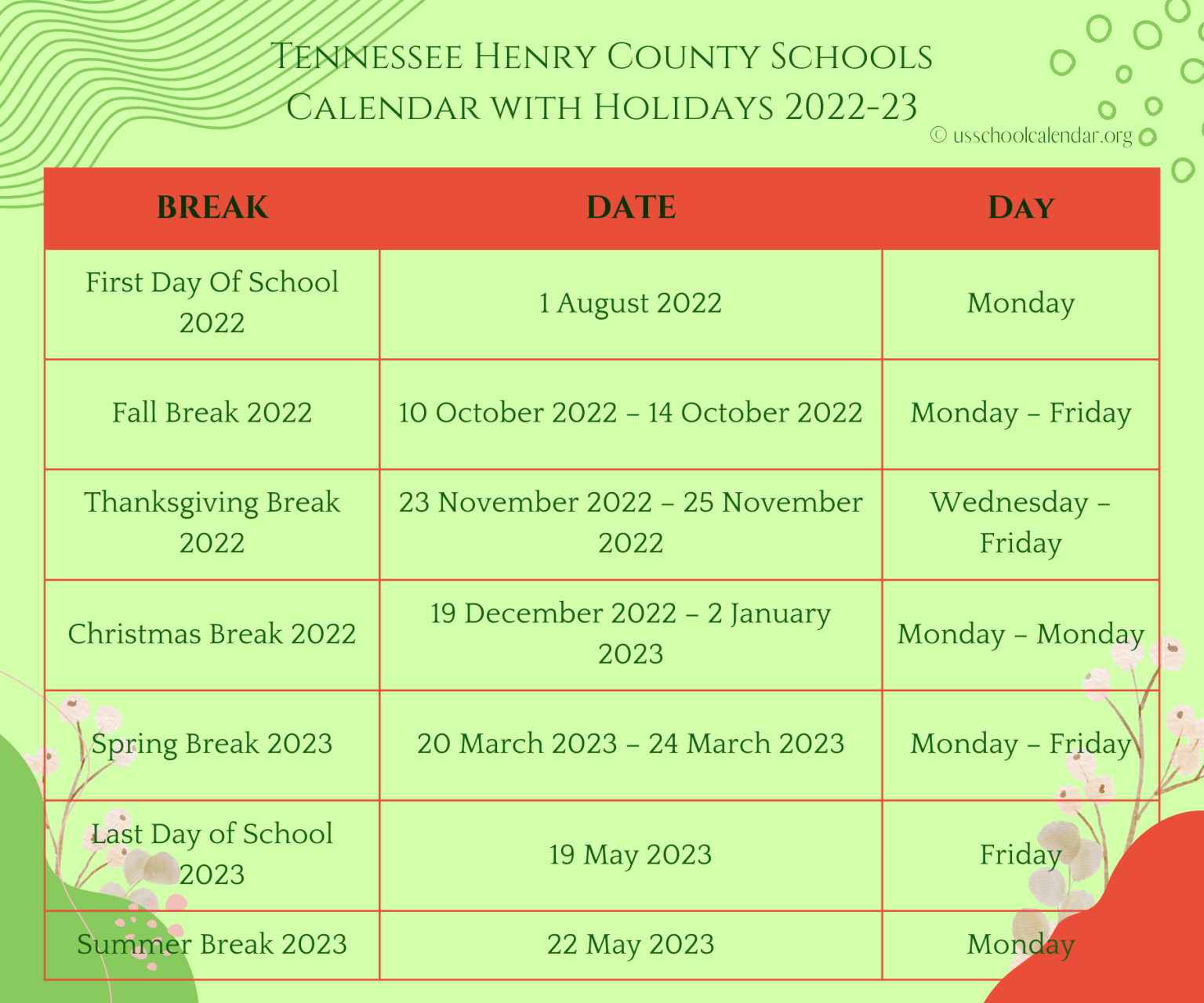 Tennessee Henry County Schools Calendar 20222023